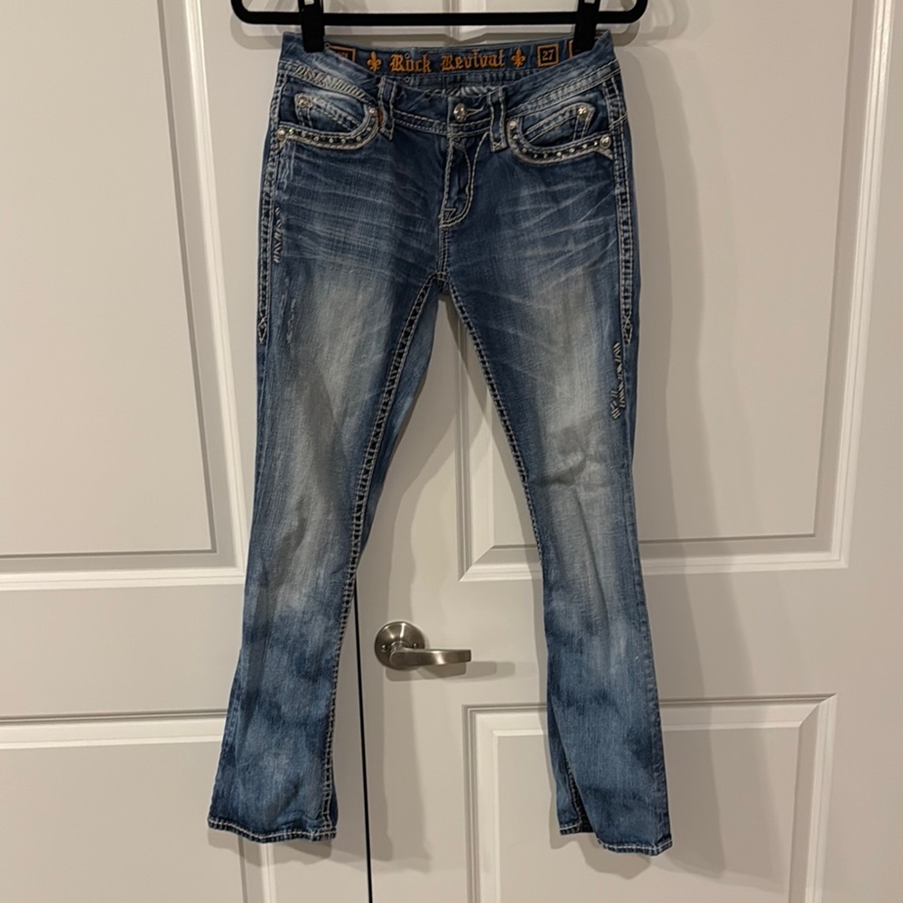 Lightly worn Rock Revival Blue Denim Jeans boot size 27